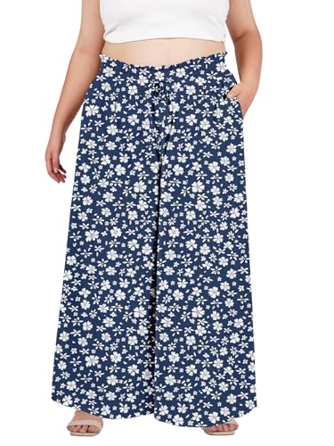 Moon Wood Hose Weites Bein Damen Sommer Boho Freizeit Lässig Stoffhose mit Rüschen Elastische Hohe Taille Palazzo Hosen mit Taschen Große Größen XL Floral 06 von Moon Wood