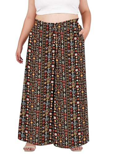 Moon Wood Hose Weites Bein Damen Sommer Boho Freizeit Lässig Stoffhose mit Rüschen Elastische Hohe Taille Palazzo Hosen mit Taschen Große Größen XL Floral 07 von Moon Wood