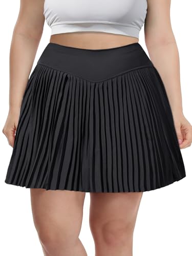 Moon Wood Tennisrock Damen Große Größen Schwarz Rock Sport Skort mit Hose drunter & Taschen, V-Bund Hohe Taille Faltenrock für Tennis Golf Sommer XXL von Moon Wood
