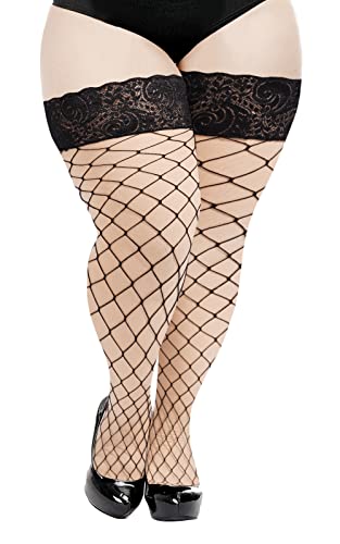 Moon Wood Übergröße Fischnetzstrümpfe Damen Durchsichtige Silikon Spitze Top Stay Up Dessous Fischnetz Oberschenkel Strümpfe, Schwarzes, großes Netzgewebe, Einheitsgröße Große Größen von Moon Wood