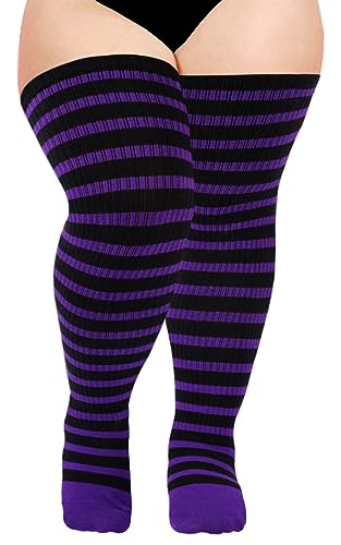 Moon Wood Übergröße Oberschenkel Hohe Socken für Frauen Strick Baumwolle Extra Lange Halloween Über das Knie Hohe Socken Beinwärmer, schwarz und violett, Einheitsgröße von Moon Wood