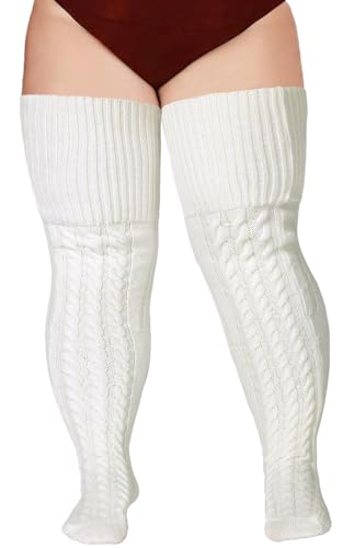 Moon Wood Weiß Wool Kniestrümpfe Damen Extra Lange Overknees Strümpfe Soft Thermo Thigh High Socks Plus Size von Moon Wood