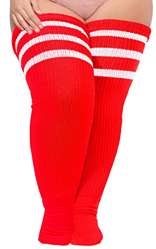 Oberschenkelhohe Damen-Socken für dicke Oberschenkel, extra lang, gestreift, dicke Overknee-Strümpfe, Beinwärmer, Stiefelsocken in Übergröße, Leuchtendes Rot und Weiß von Moon Wood