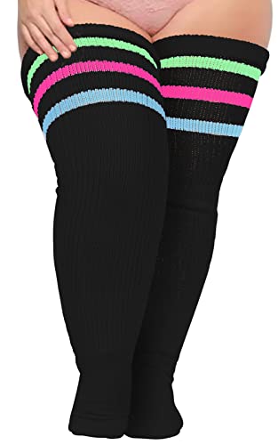 Oberschenkelhohe Damen-Socken für dicke Oberschenkel, extra lang, gestreift, dicke Overknee-Strümpfe, Beinwärmer, Stiefelsocken in Übergröße, Schwarz & Grün & Pink & Blau von Moon Wood