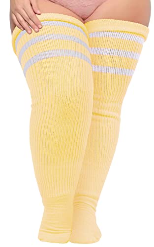 Oberschenkelhohe Damen-Socken für dicke Oberschenkel, extra lange und dicke Overknee-Strümpfe, Beinwärmer, Stiefelsocken in Übergröße, Creme-Gelb und Weiß, Einheitsgröße (Übergröße) von Moon Wood