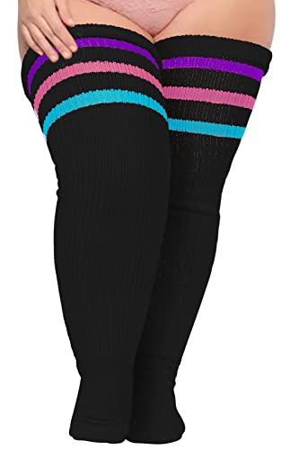 Damen Oberschenkelhohe Socken für dicke Oberschenkel, extra lange und dicke Overkneestrümpfe, Beinwärmer, Stiefelsocken, Schwarz & Regenbogen, One size von Moon Wood