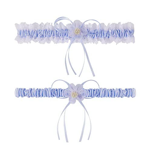 Moon Wood Plus Size Hochzeit Strumpfbänder für Braut mit elastischem Band, Etwas Blau Spitze Gürtel Braut Strumpfband Set für Braut auf Hochzeit, Blau, Übergröße von Moon Wood
