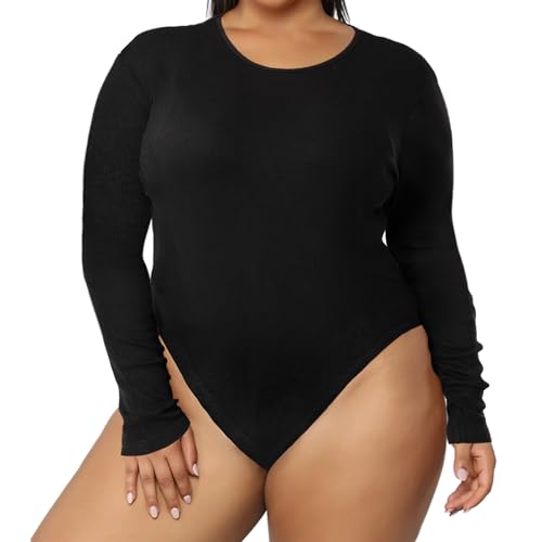 Übergröße Langarm Body für Frauen, Rundhalsausschnitt Bodysuits Tops für kurvige Momen, Schwarz, XL von Moon Wood