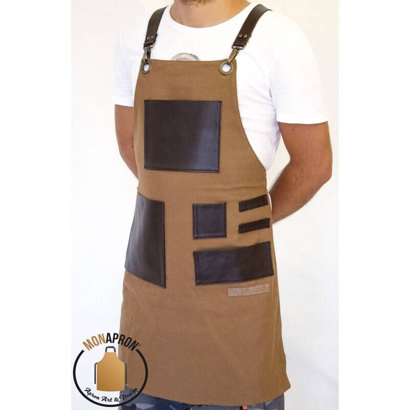 Braune Canvas Latzschürze, Kunstleder Taschen, Künstler Koch Barista Schürze von MoonDesignNYC