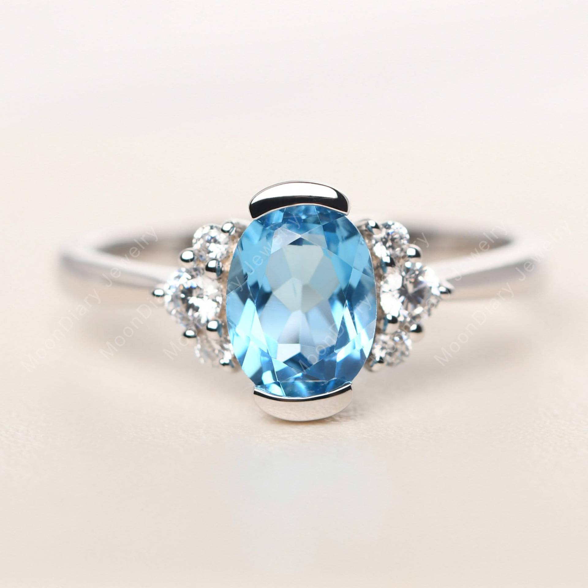 Echter Schweizer Blautopas Brautring Oval Geschliffen Silber Halb Lünette Set November Geburtsstein Ring von MoonDiaryJewelry