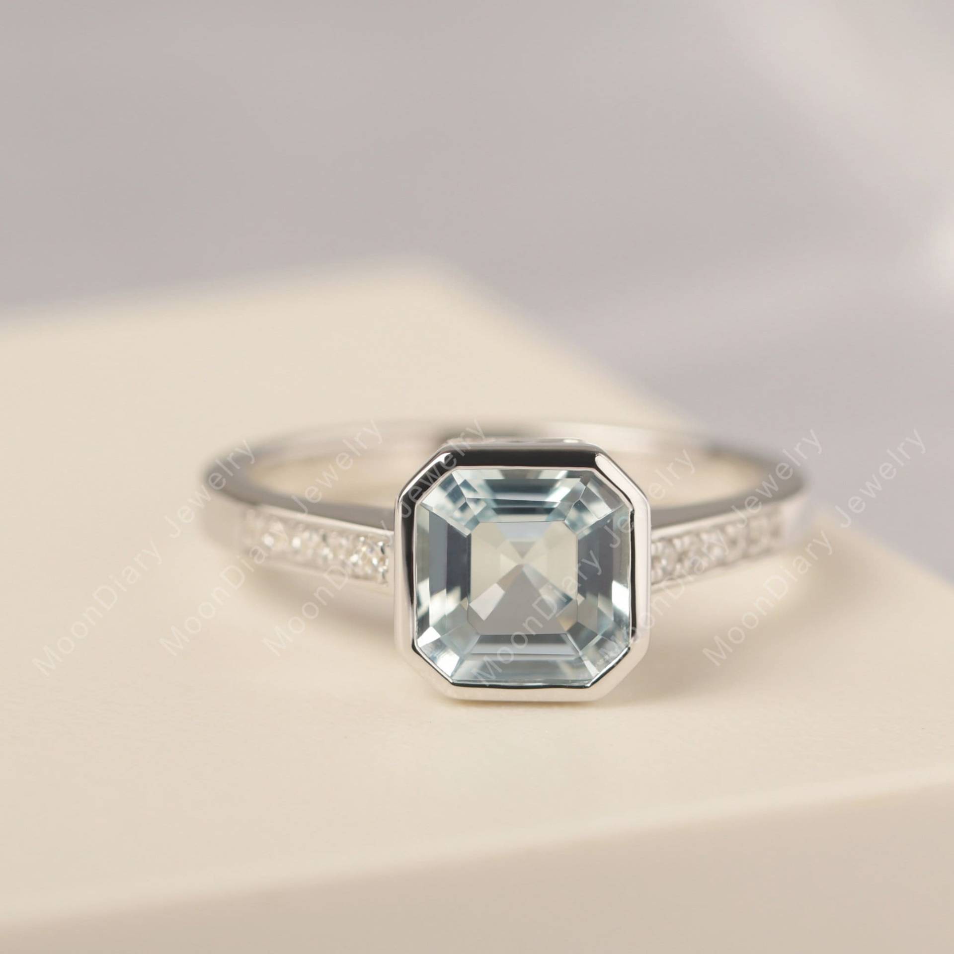 Lünette Set Verlobungsring Asscher Schliff Aquamarin Sterling Silber Ring März Geburtsstein von MoonDiaryJewelry