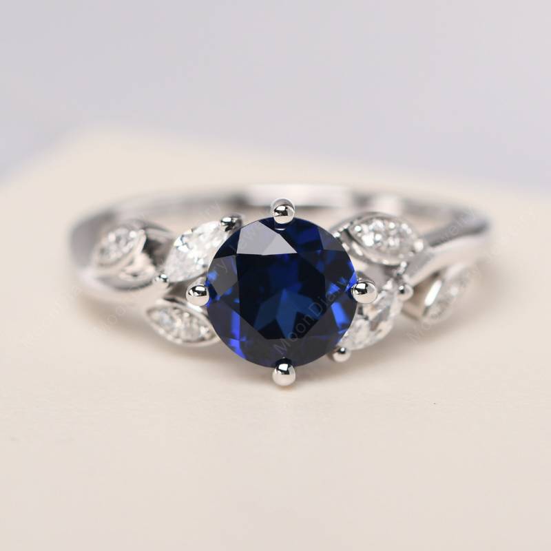 Sapphire Versprechen Ring Runden Blauen Stein Silber Zweig Ehering September Geburtsstein von MoonDiaryJewelry