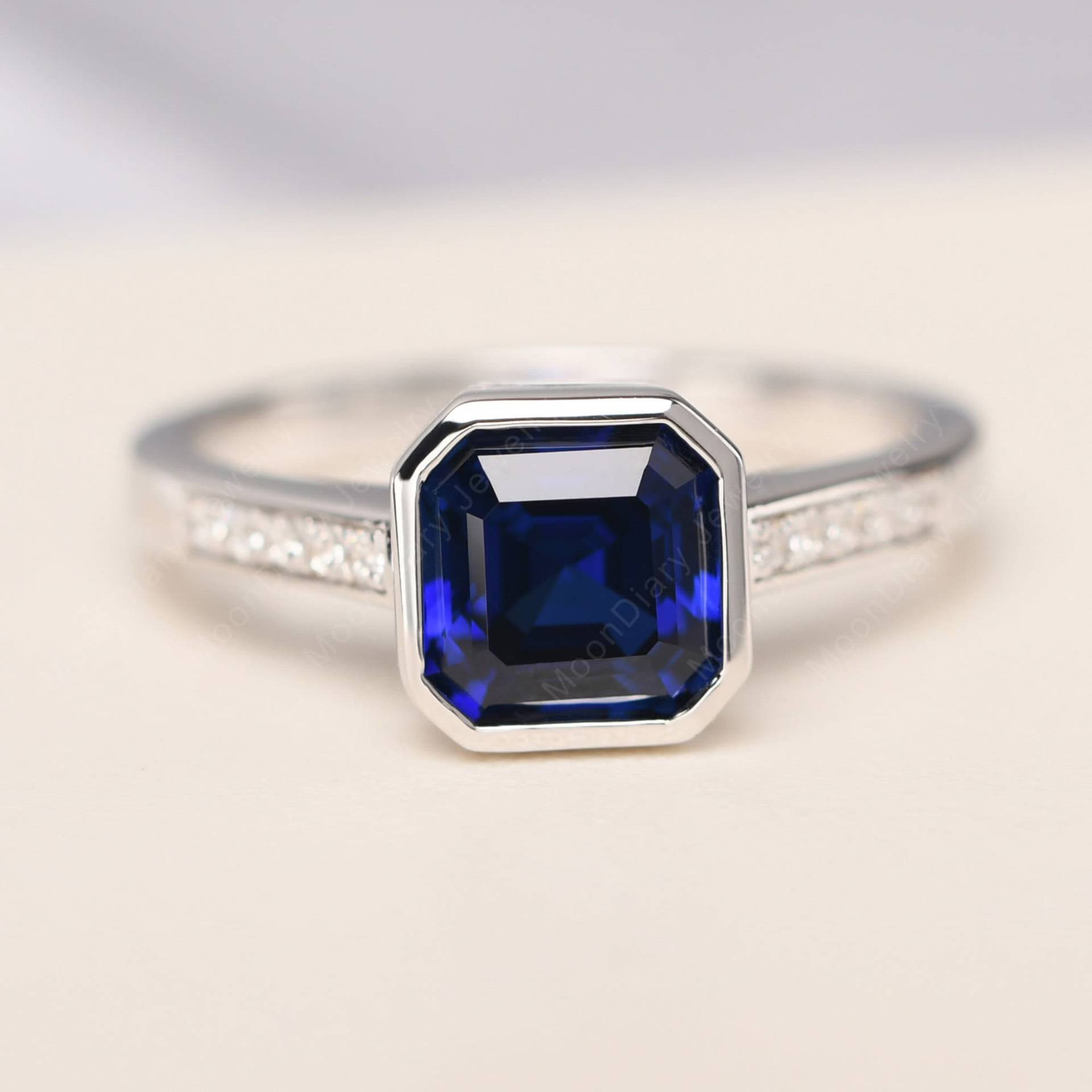 Vintage Blau Saphir Ehering Massiv Silber Lünette Gesetzt Asscher Schnitt September Geburtsstein Ring von MoonDiaryJewelry