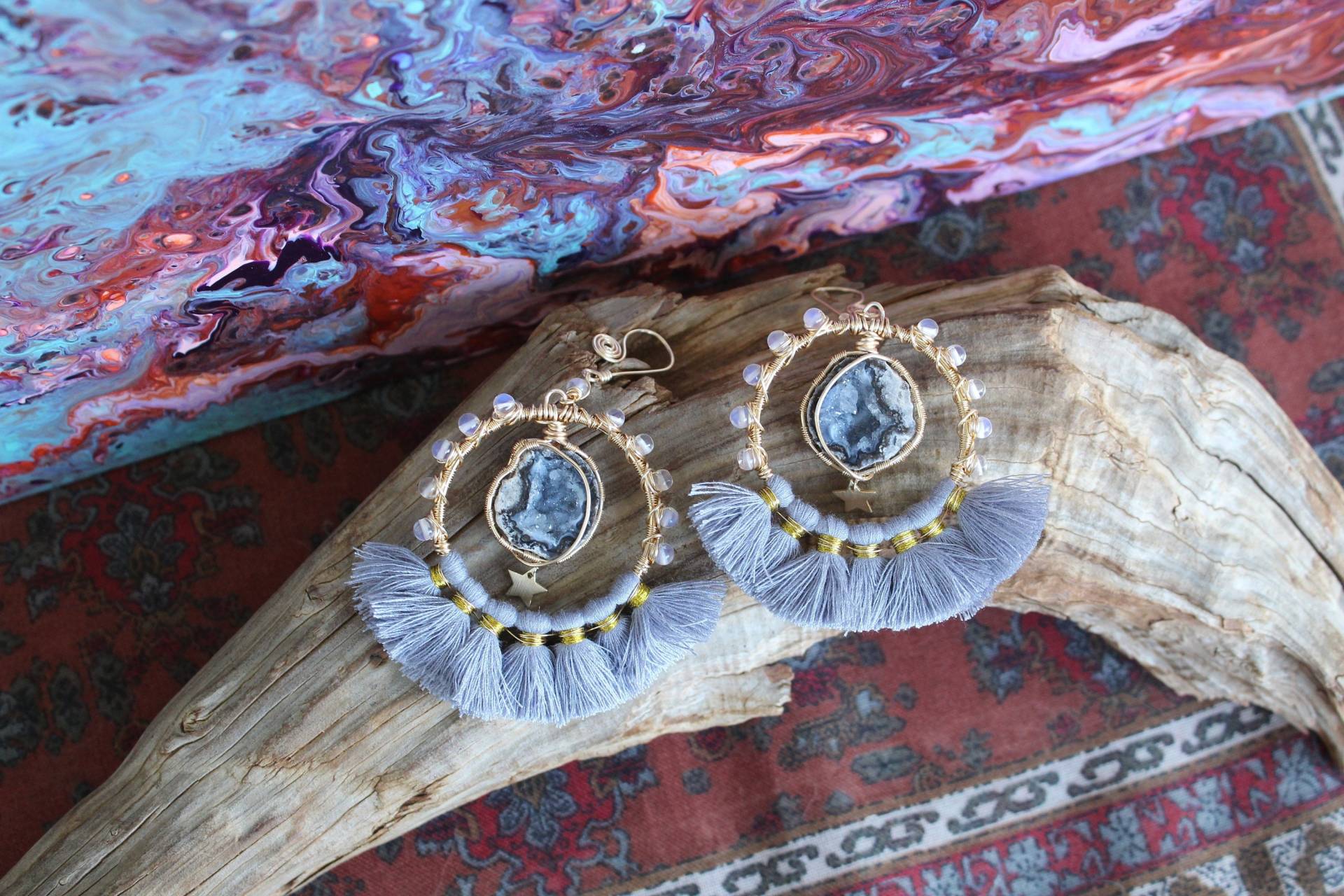 Achat Druzy Geode Ohrgewichte Mit Opalit, Hellblauen Quasten & Stern Charms Achat Druzy Geode Ohrgewichte Mit Opalit, Hellblauen Quasten & Stern Charms von MoonGoddessVibes