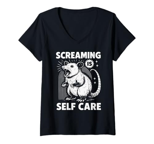 Damen Lustiger Possum Scream Mental Health Screaming is Self Care T-Shirt mit V-Ausschnitt von MoonMagics POD