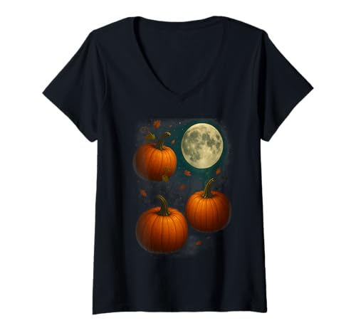Damen Three Pumpkins Moon Meme 3 Kürbis Lustiger seltsamer Herbst T-Shirt mit V-Ausschnitt von MoonMagics POD