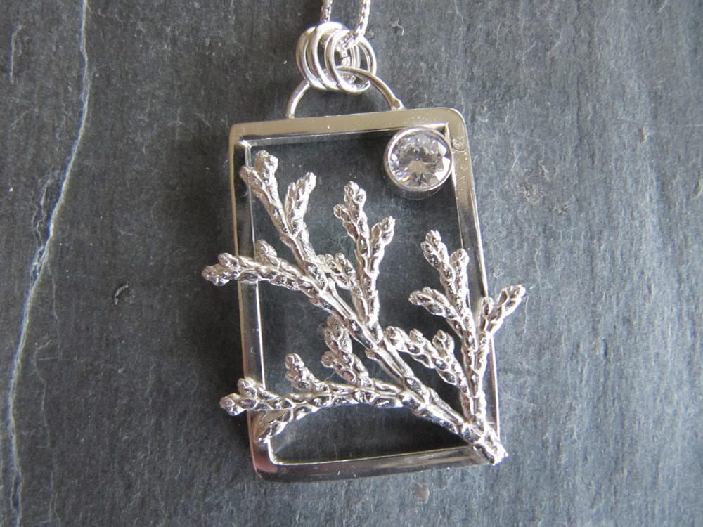 Zypressen Und Cz-Anhänger in Sterling Silber Gegossen von MoonSilverStudio