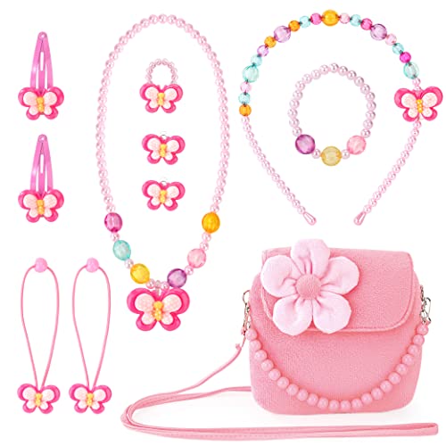 MoonSing Kinderschmuck Kleine Mädchen Plüsch Handtasche Geldbörsen, Schmuckset Kinder mit Halskette Armband Ring und Ohrring, Prinzessin Ankleiden Modeschmuck Geschenk zum Anziehen Pretend Play von MoonSing