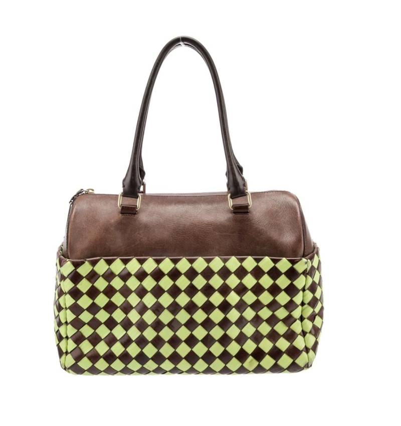 Vintage Moschino Braun Und Grüne Bowler Tasche Mit Webdesign von MoonStoneVintageLA