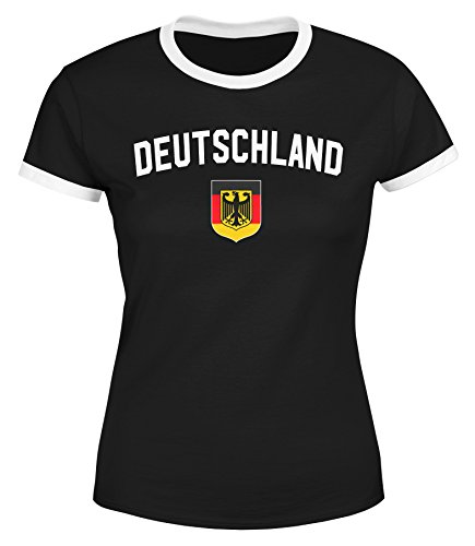 Klassisches Damen WM-Shirt Deutschland Flagge Retro Trikot-Look Fan-Shirt schwarz-weiß M von MoonWorks