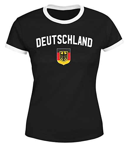 Klassisches Damen WM-Shirt Deutschland Flagge Retro Trikot-Look Fan-Shirt schwarz-weiß S von MoonWorks