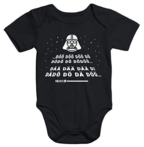 MoonWorks® Baby-Body Aufdruck Laserschwert Melodie Intro Sterne Parodie Weltall Bio-Baumwolle schwarz 6-12 Monate von MoonWorks