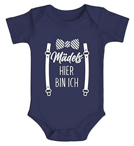 MoonWorks® Baby Body Fliege mit Spruch lustig Mädels Hier Bin ich Bio-Baumwolle Jungen & Mädchen Navy 0-3 Monate von MoonWorks