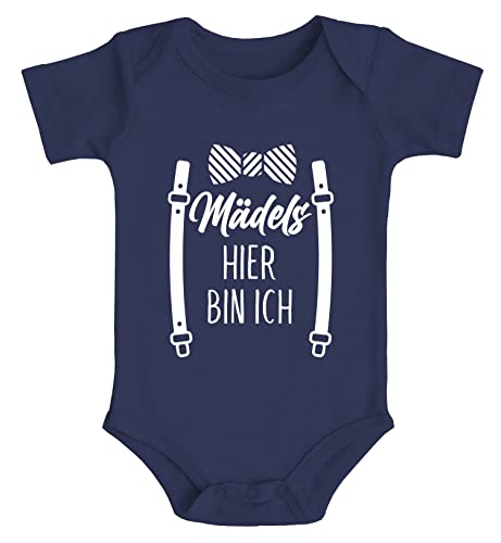 MoonWorks® Baby Body Fliege mit Spruch lustig Mädels Hier Bin ich Bio-Baumwolle Jungen & Mädchen Navy 0-3 Monate von MoonWorks