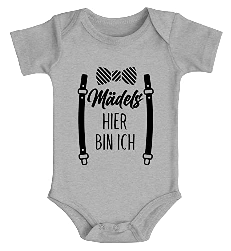 MoonWorks® Baby Body Fliege mit Spruch lustig Mädels Hier Bin ich Bio-Baumwolle Jungen & Mädchen grau 12-18 Monate von MoonWorks