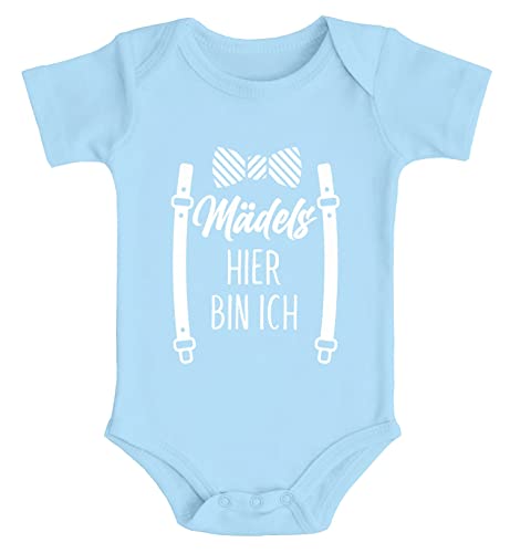 MoonWorks® Baby Body Fliege mit Spruch lustig Mädels Hier Bin ich Bio-Baumwolle Jungen & Mädchen hellblau 0-3 Monate von MoonWorks