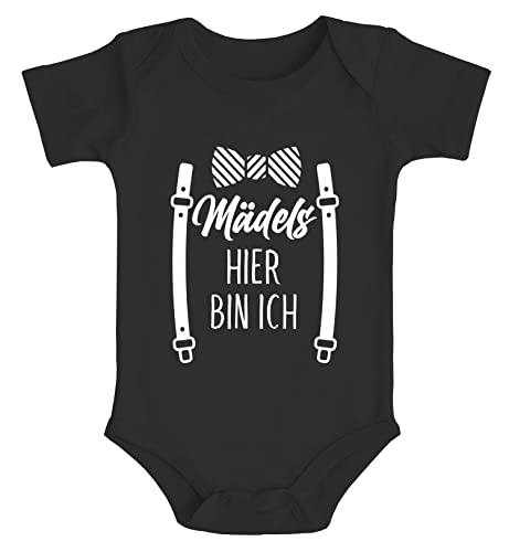 MoonWorks® Baby Body Fliege mit Spruch lustig Mädels Hier Bin ich Bio-Baumwolle Jungen & Mädchen schwarz 6-12 Monate von MoonWorks