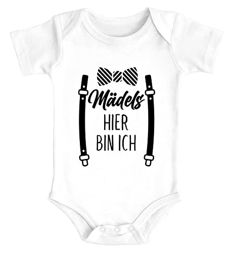 MoonWorks® Baby Body Fliege mit Spruch lustig Mädels Hier Bin ich Bio-Baumwolle Jungen & Mädchen weiß 0-3 Monate von MoonWorks