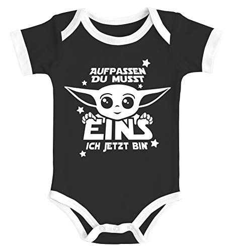 MoonWorks® Baby-Body Yoda Parodie erster oder zweiter Geburtstag lustiger Spruch Kurzarm Body Bio-Baumwolle 1 ich jetzt Bin schwarz-weiß 6-12 Monate von MoonWorks