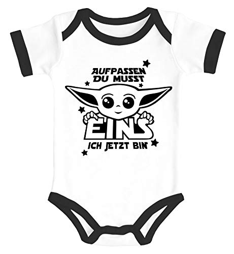 MoonWorks® Baby-Body Yoda Parodie erster oder zweiter Geburtstag lustiger Spruch Kurzarm Body Bio-Baumwolle 1 ich jetzt Bin weiß-schwarz 12-18 Monate von MoonWorks