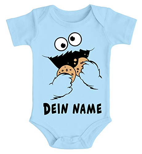 MoonWorks® Baby Body mit Namen Bedrucken Lassen Krümelmonster Keks Cookie Monster personalisierbares Geschenk hellblau 0-3 Monate von MoonWorks