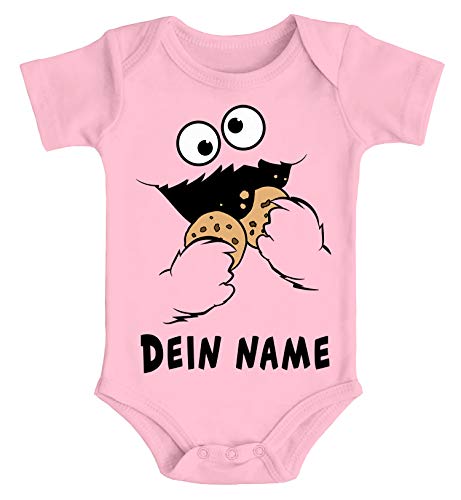 MoonWorks® Baby Body mit Namen Bedrucken Lassen Krümelmonster Keks Cookie Monster personalisierbares Geschenk rosa 12-18 Monate von MoonWorks