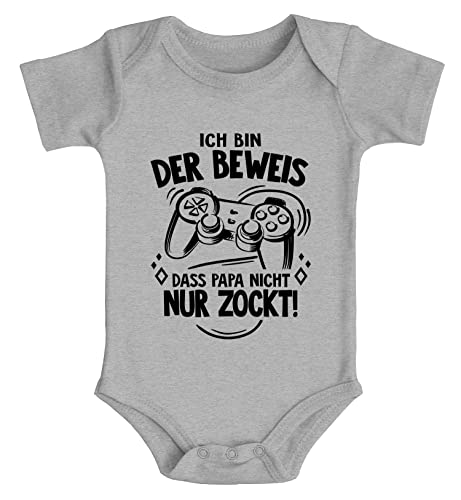 MoonWorks® Baby Body mit Spruch lustig Ich Bin der Beweis DASS Papa Nicht nur zockt Spiele Konsole Bio-Baumwolle grau 0-3 Monate von MoonWorks