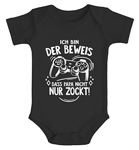 MoonWorks® Baby Body mit Spruch lustig Ich Bin der Beweis DASS Papa Nicht nur zockt Spiele Konsole Bio-Baumwolle schwarz 12-18 Monate von MoonWorks