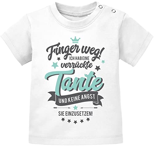 MoonWorks® Baby Kurzarm T-Shirt Finger Weg ich Habe eine verrückte Tante Bio Baumwolle Babyshirt Jungen Mädchen Spruch lustig weiß 68/74 (4-9 Monate) von MoonWorks
