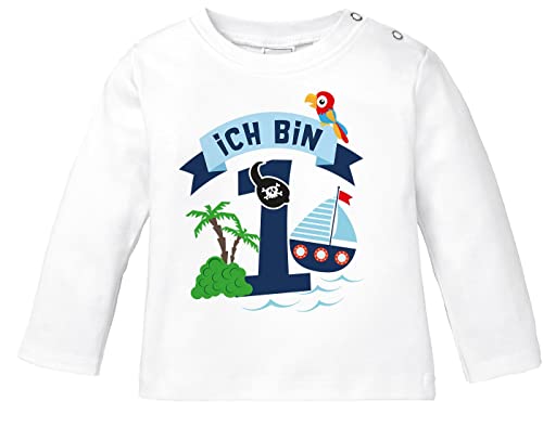MoonWorks® Baby Langarm-Shirt 1. Geburtstag Ich Bin 1 Pirat Geburtstagsshirt Bio-Baumwolle Junge weiß 92/98 (16-24-Monate) von MoonWorks