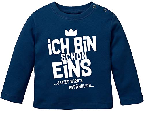 MoonWorks® Baby Langarm-Shirt 1. Geburtstag Ich Bin Schon 1 jetzt wird's gefährlich Geburtstagsshirt Bio-Baumwolle Navy weiß 92/98 (16-24-Monate) von MoonWorks