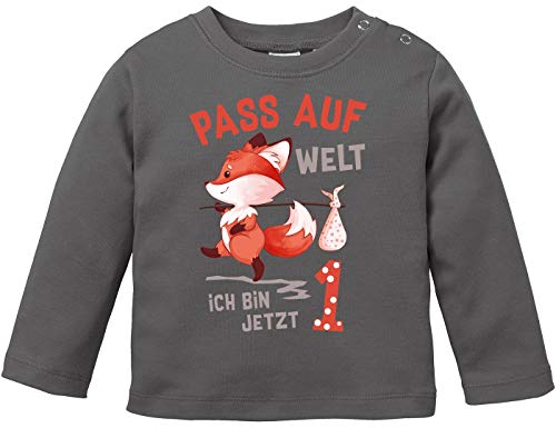 MoonWorks® Baby Langarm-Shirt 1. Geburtstag Pass auf Welt ich Bin jetzt 1 2 Fuchs Geburtstagsshirt Bio-Baumwolle 1 dunkelgrau 80/86 (10-15 Monate) von MoonWorks