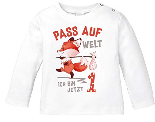 MoonWorks® Baby Langarm-Shirt 1. Geburtstag Pass auf Welt ich Bin jetzt 1 2 Fuchs Geburtstagsshirt Bio-Baumwolle 1 weiß 80/86 (10-15 Monate) von MoonWorks