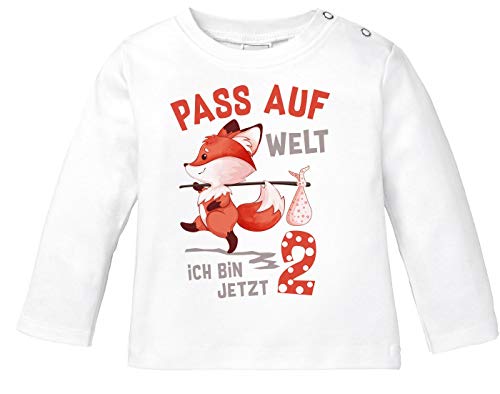 MoonWorks® Baby Langarm-Shirt 1. Geburtstag Pass auf Welt ich Bin jetzt 1 2 Fuchs Geburtstagsshirt Bio-Baumwolle 2 weiß 80/86 (10-15 Monate) von MoonWorks