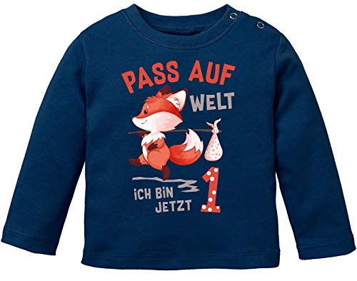 MoonWorks® Baby Langarm-Shirt 1. Geburtstag Pass auf Welt ich Bin jetzt 1 2 Fuchs Geburtstagsshirt Bio-Baumwolle 1 Navy 68/74 (4-9 Monate) von MoonWorks