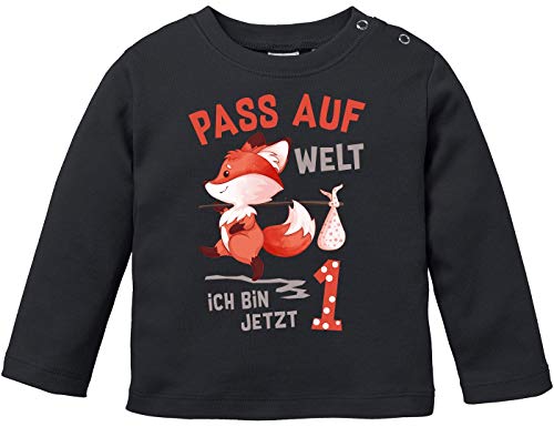 MoonWorks® Baby Langarm-Shirt 1. Geburtstag Pass auf Welt ich Bin jetzt 1 2 Fuchs Geburtstagsshirt Bio-Baumwolle 1 schwarz 92/98 (16-24-Monate) von MoonWorks