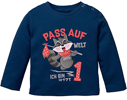 MoonWorks® Baby Langarm-Shirt 1. Geburtstag Pass auf Welt ich Bin jetzt 1 Waschbär Geburtstagsshirt Bio-Baumwolle Junge/Mädchen Navy 68/74 (4-9 Monate) von MoonWorks