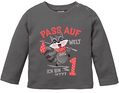 MoonWorks® Baby Langarm-Shirt 1. Geburtstag Pass auf Welt ich Bin jetzt 1 Waschbär Geburtstagsshirt Bio-Baumwolle Junge/Mädchen dunkelgrau 92/98 (16-24-Monate) von MoonWorks