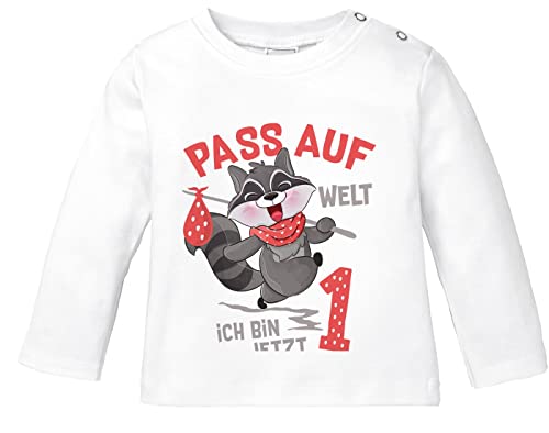 MoonWorks® Baby Langarm-Shirt 1. Geburtstag Pass auf Welt ich Bin jetzt 1 Waschbär Geburtstagsshirt Bio-Baumwolle Junge/Mädchen weiß 80/86 (10-15 Monate) von MoonWorks