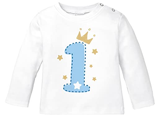 MoonWorks® Baby Langarm-Shirt 1. Geburtstag Zahl 1 BZW. 2 mit Krone Sternen Geburtstagsshirt Bio-Baumwolle 1 weiß/blau 68/74 (4-9 Monate) von MoonWorks